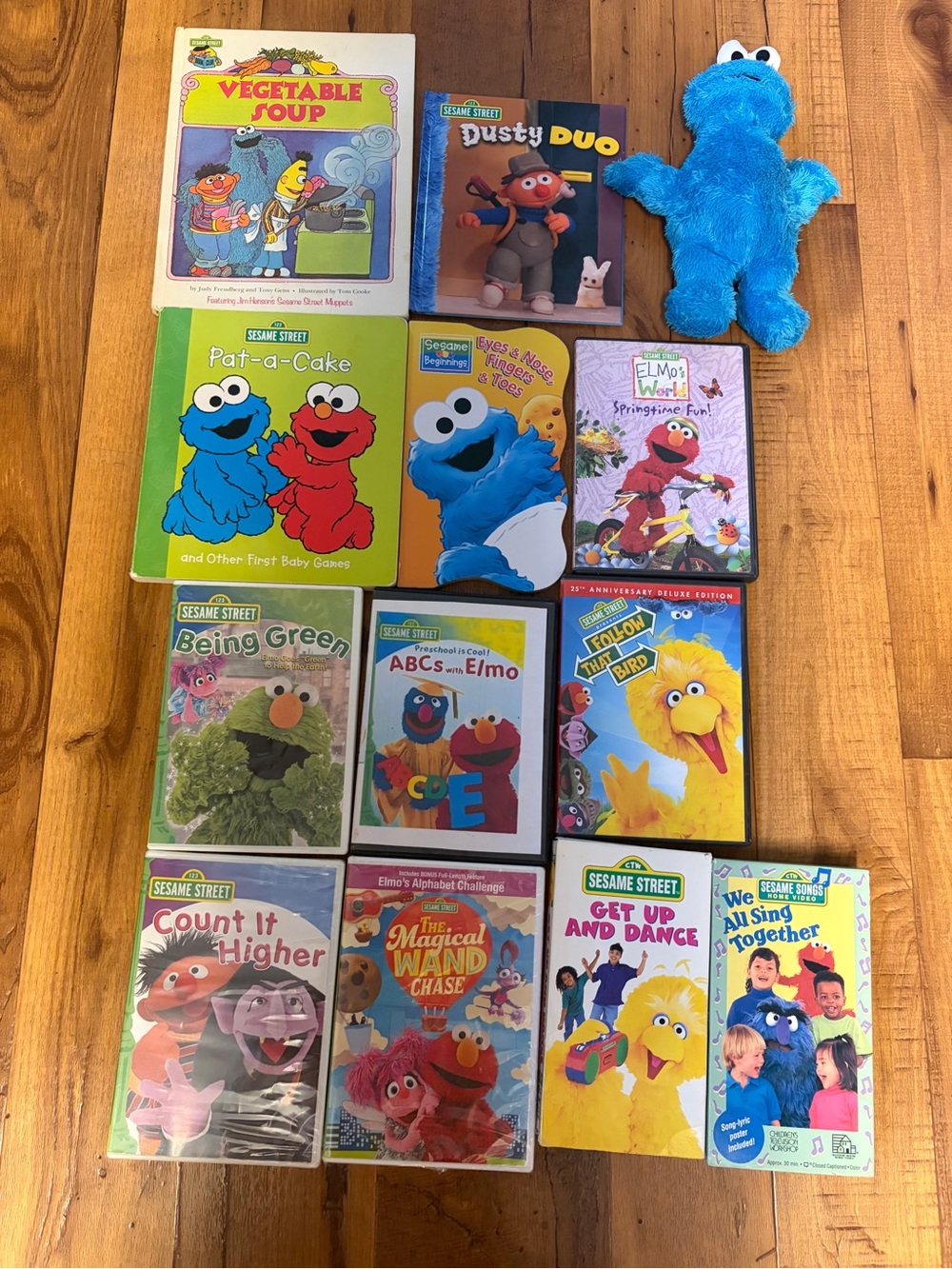 Bundle Sesame Street Kids Books,VHS/DVD with Blue Cookie Monster Plush